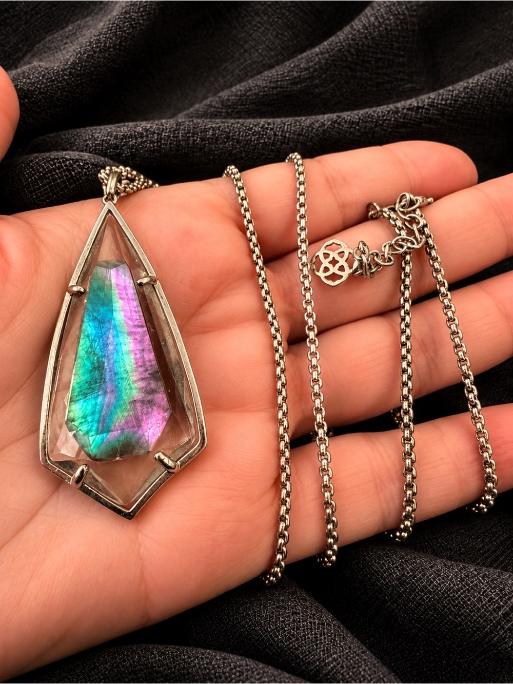 Kendra Scott Inez Silver Dichroic Glass Iridescent Long Pendant Necklace